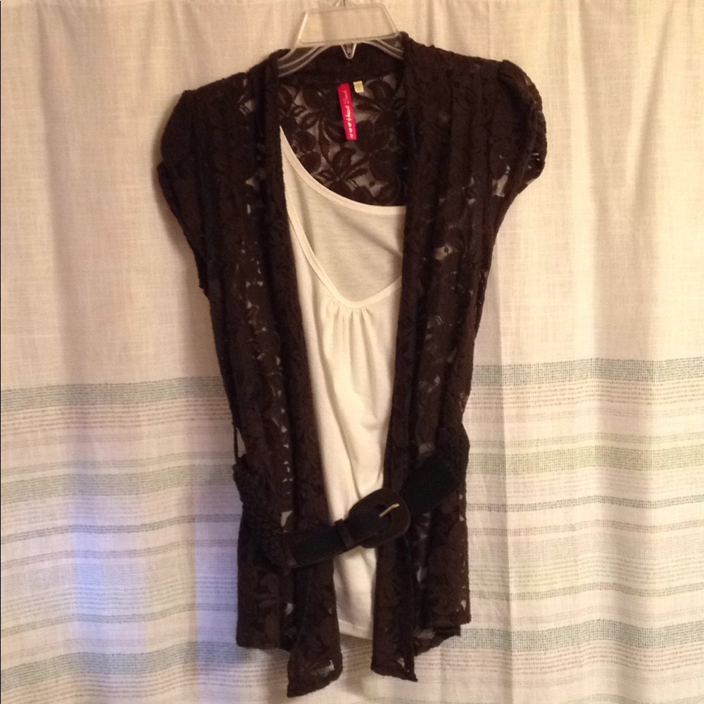 White tank top, brown lace cardigan, & belt